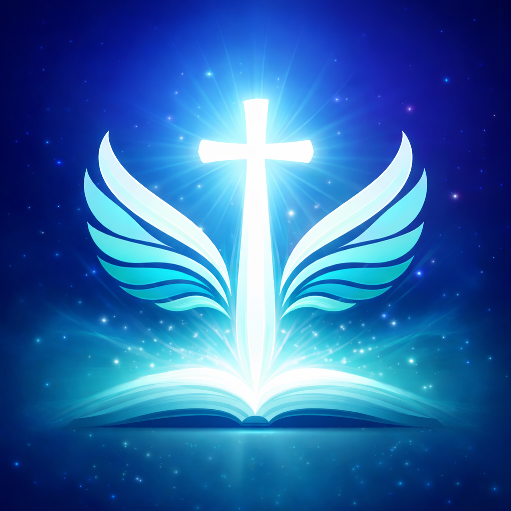 An open Bible beneath a radiant cross